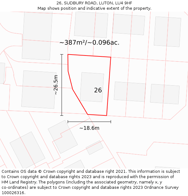 26, SUDBURY ROAD, LUTON, LU4 9HF: Plot and title map