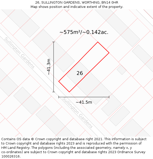 26, SULLINGTON GARDENS, WORTHING, BN14 0HR: Plot and title map