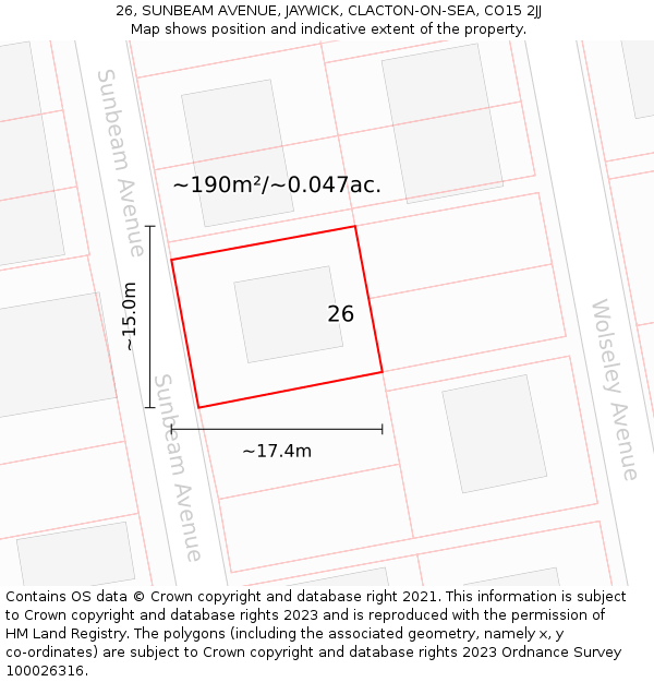 26, SUNBEAM AVENUE, JAYWICK, CLACTON-ON-SEA, CO15 2JJ: Plot and title map
