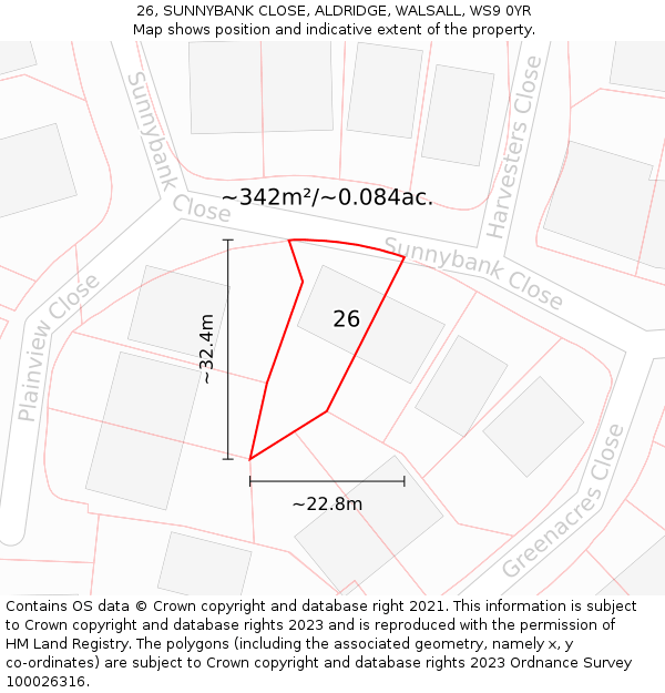 26, SUNNYBANK CLOSE, ALDRIDGE, WALSALL, WS9 0YR: Plot and title map