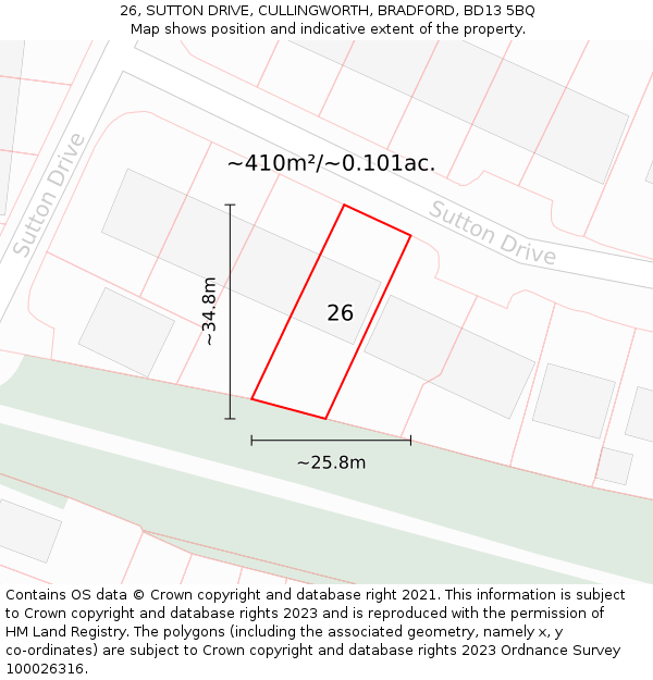 26, SUTTON DRIVE, CULLINGWORTH, BRADFORD, BD13 5BQ: Plot and title map