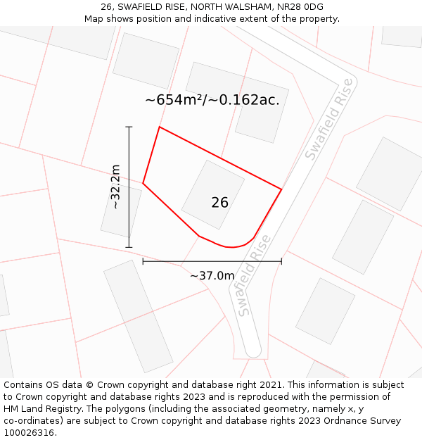 26, SWAFIELD RISE, NORTH WALSHAM, NR28 0DG: Plot and title map