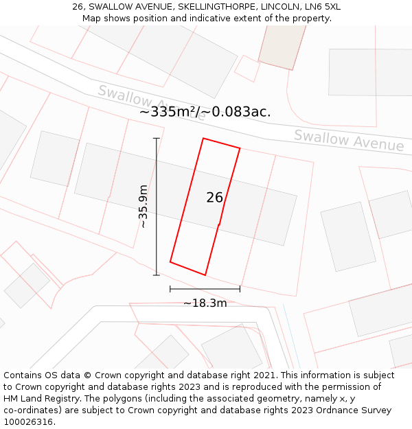 26, SWALLOW AVENUE, SKELLINGTHORPE, LINCOLN, LN6 5XL: Plot and title map