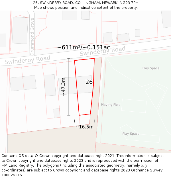 26, SWINDERBY ROAD, COLLINGHAM, NEWARK, NG23 7PH: Plot and title map