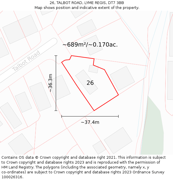 26, TALBOT ROAD, LYME REGIS, DT7 3BB: Plot and title map