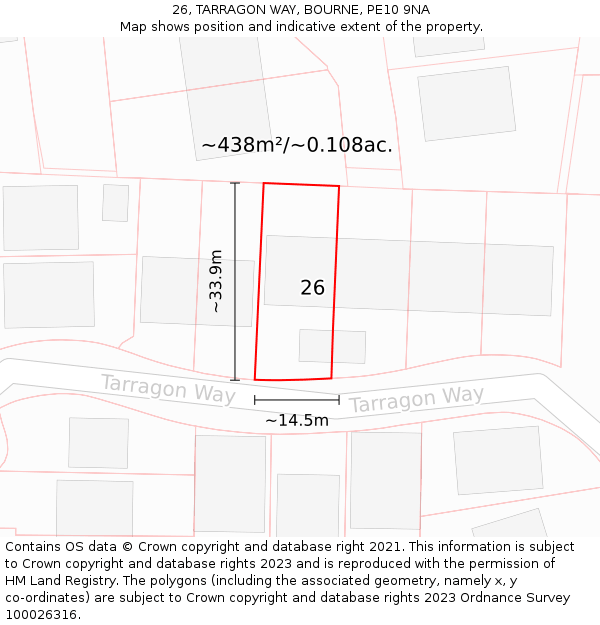 26, TARRAGON WAY, BOURNE, PE10 9NA: Plot and title map