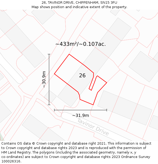 26, TAVINOR DRIVE, CHIPPENHAM, SN15 3FU: Plot and title map