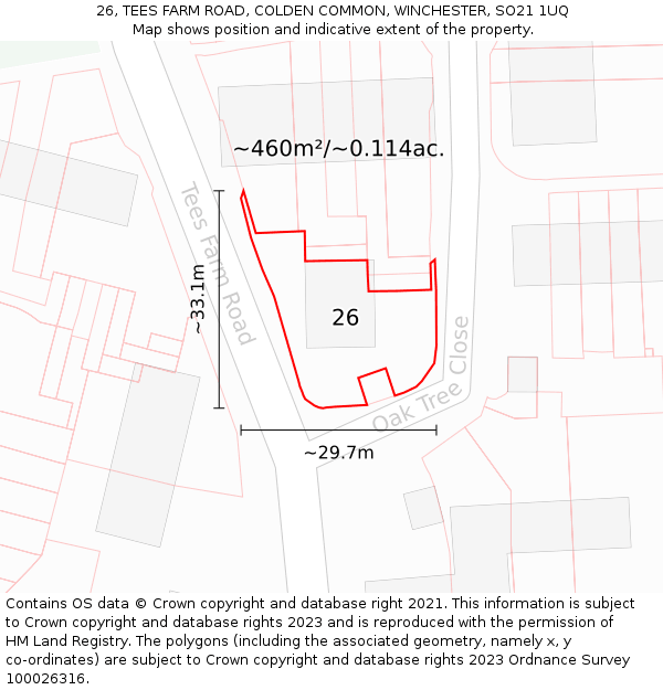 26, TEES FARM ROAD, COLDEN COMMON, WINCHESTER, SO21 1UQ: Plot and title map
