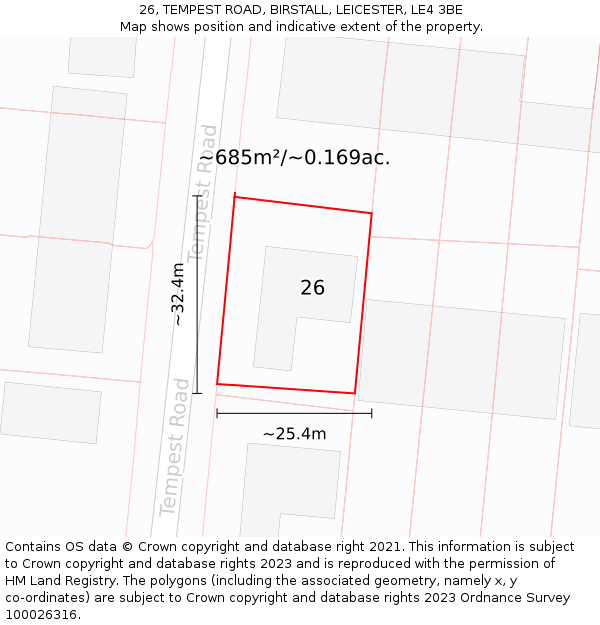 26, TEMPEST ROAD, BIRSTALL, LEICESTER, LE4 3BE: Plot and title map