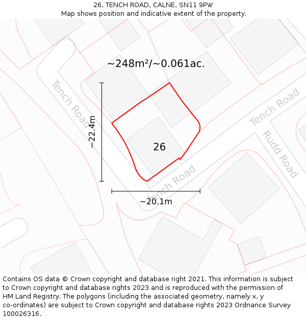 26, TENCH ROAD, CALNE, SN11 9PW: Plot and title map