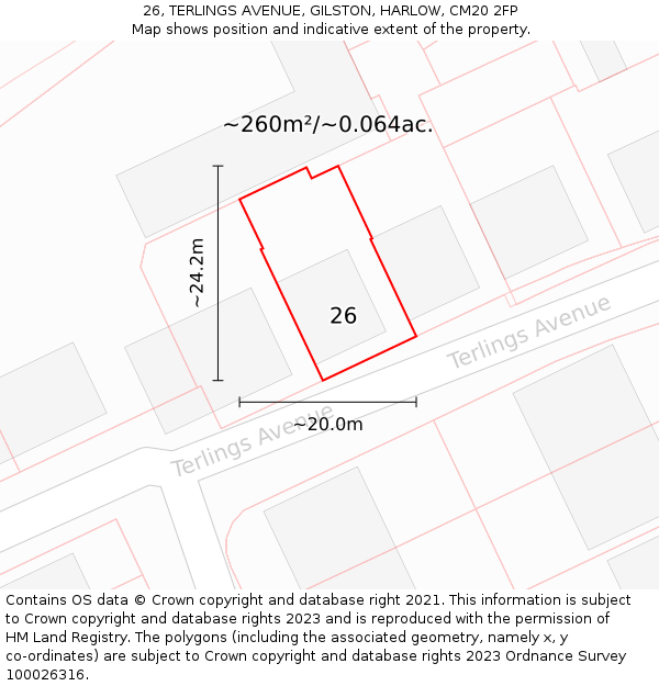 26, TERLINGS AVENUE, GILSTON, HARLOW, CM20 2FP: Plot and title map