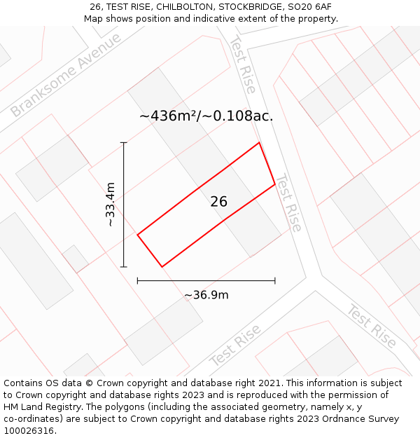 26, TEST RISE, CHILBOLTON, STOCKBRIDGE, SO20 6AF: Plot and title map