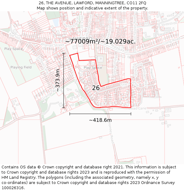 26, THE AVENUE, LAWFORD, MANNINGTREE, CO11 2FQ: Plot and title map