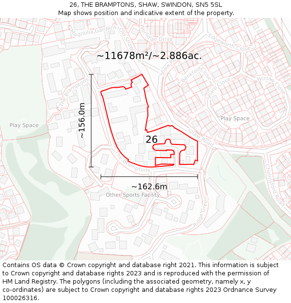 26, THE BRAMPTONS, SHAW, SWINDON, SN5 5SL: Plot and title map