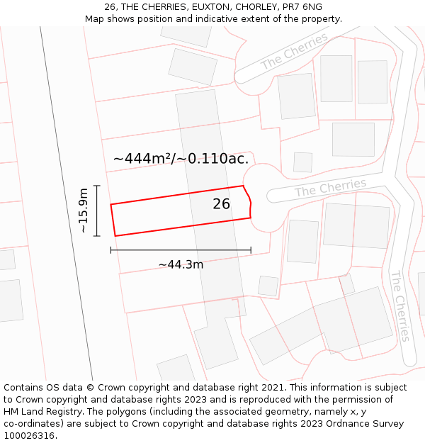 26, THE CHERRIES, EUXTON, CHORLEY, PR7 6NG: Plot and title map