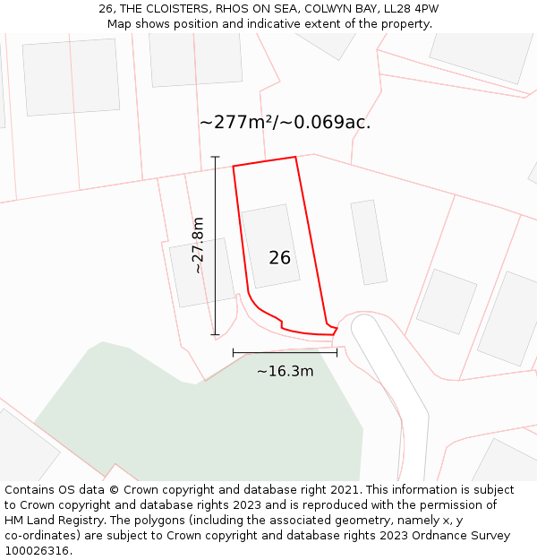 26, THE CLOISTERS, RHOS ON SEA, COLWYN BAY, LL28 4PW: Plot and title map