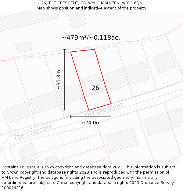 26, THE CRESCENT, COLWALL, MALVERN, WR13 6QN: Plot and title map