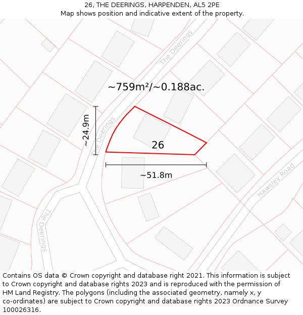 26, THE DEERINGS, HARPENDEN, AL5 2PE: Plot and title map