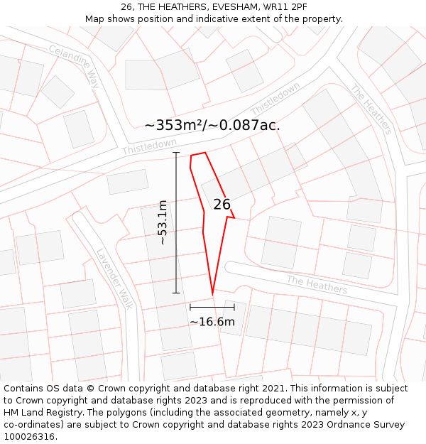 26, THE HEATHERS, EVESHAM, WR11 2PF: Plot and title map