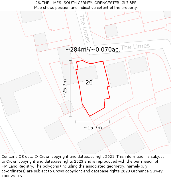 26, THE LIMES, SOUTH CERNEY, CIRENCESTER, GL7 5RF: Plot and title map