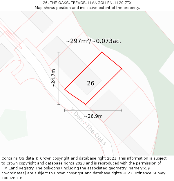 26, THE OAKS, TREVOR, LLANGOLLEN, LL20 7TX: Plot and title map