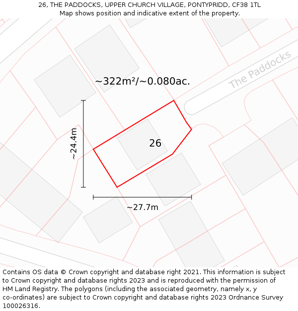 26, THE PADDOCKS, UPPER CHURCH VILLAGE, PONTYPRIDD, CF38 1TL: Plot and title map