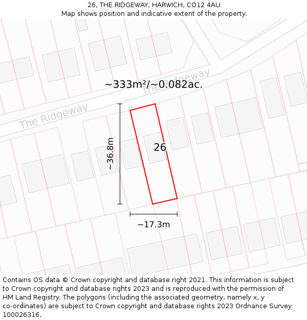 26, THE RIDGEWAY, HARWICH, CO12 4AU: Plot and title map