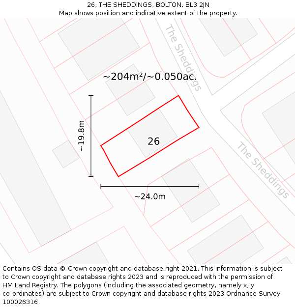 26, THE SHEDDINGS, BOLTON, BL3 2JN: Plot and title map