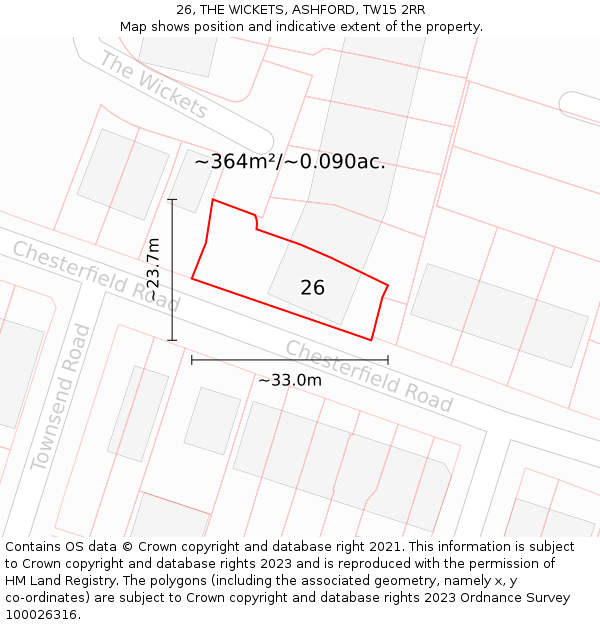 26, THE WICKETS, ASHFORD, TW15 2RR: Plot and title map