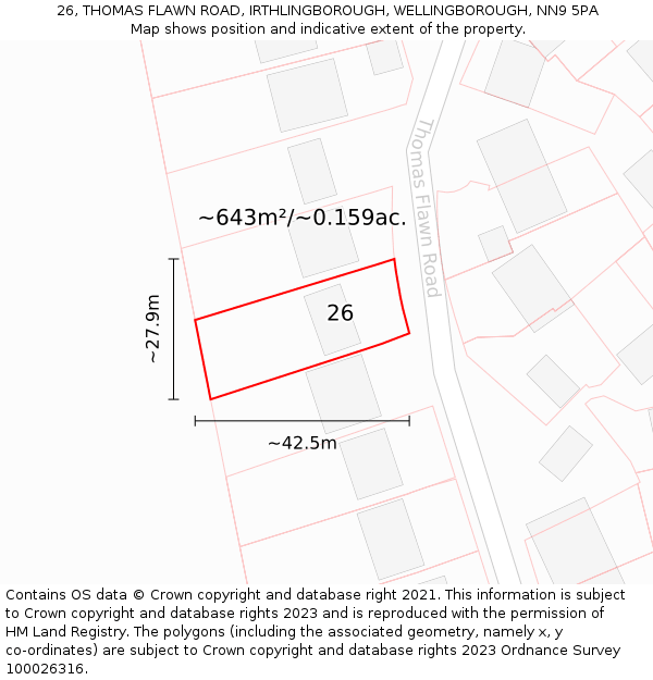 26, THOMAS FLAWN ROAD, IRTHLINGBOROUGH, WELLINGBOROUGH, NN9 5PA: Plot and title map