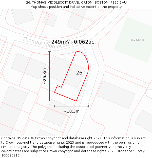 26, THOMAS MIDDLECOTT DRIVE, KIRTON, BOSTON, PE20 1HU: Plot and title map