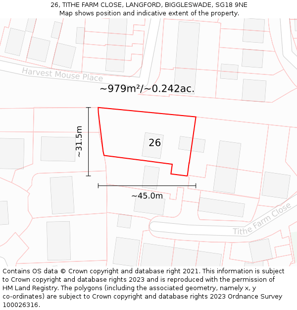 26, TITHE FARM CLOSE, LANGFORD, BIGGLESWADE, SG18 9NE: Plot and title map