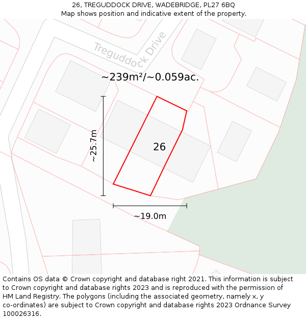 26, TREGUDDOCK DRIVE, WADEBRIDGE, PL27 6BQ: Plot and title map