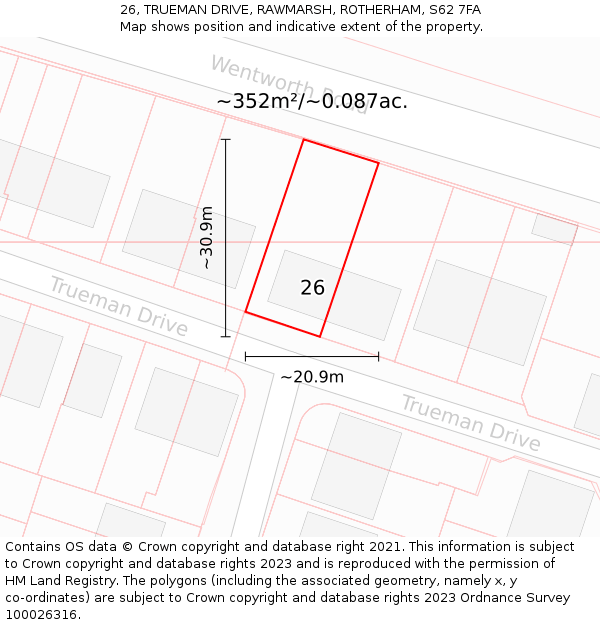 26, TRUEMAN DRIVE, RAWMARSH, ROTHERHAM, S62 7FA: Plot and title map