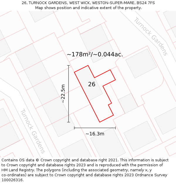 26, TURNOCK GARDENS, WEST WICK, WESTON-SUPER-MARE, BS24 7FS: Plot and title map