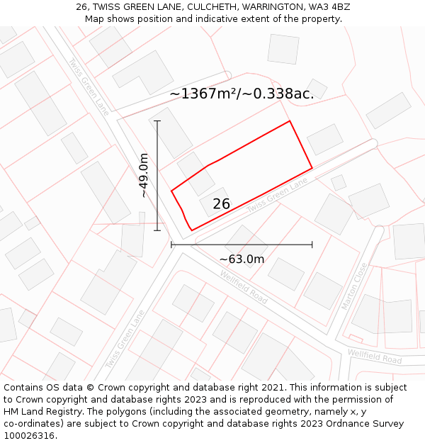 26, TWISS GREEN LANE, CULCHETH, WARRINGTON, WA3 4BZ: Plot and title map