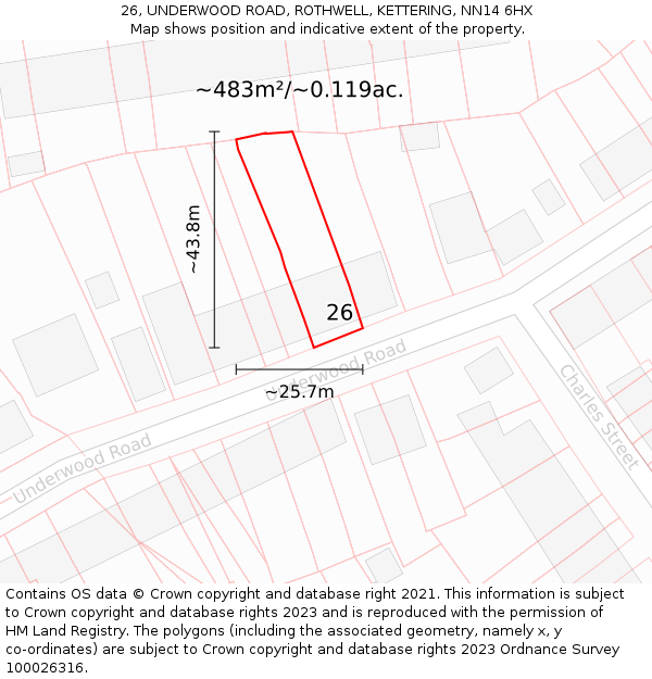 26, UNDERWOOD ROAD, ROTHWELL, KETTERING, NN14 6HX: Plot and title map