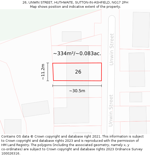 26, UNWIN STREET, HUTHWAITE, SUTTON-IN-ASHFIELD, NG17 2PH: Plot and title map