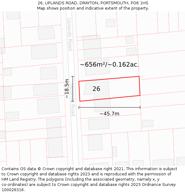 26, UPLANDS ROAD, DRAYTON, PORTSMOUTH, PO6 1HS: Plot and title map