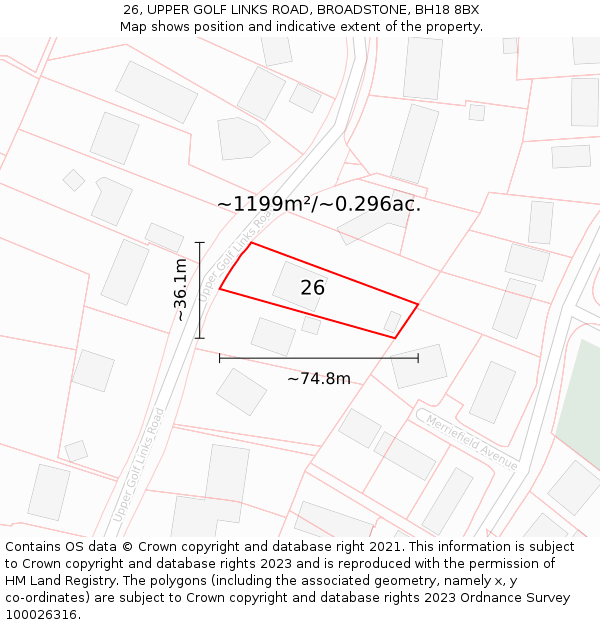 26, UPPER GOLF LINKS ROAD, BROADSTONE, BH18 8BX: Plot and title map