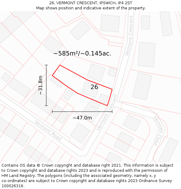 26, VERMONT CRESCENT, IPSWICH, IP4 2ST: Plot and title map