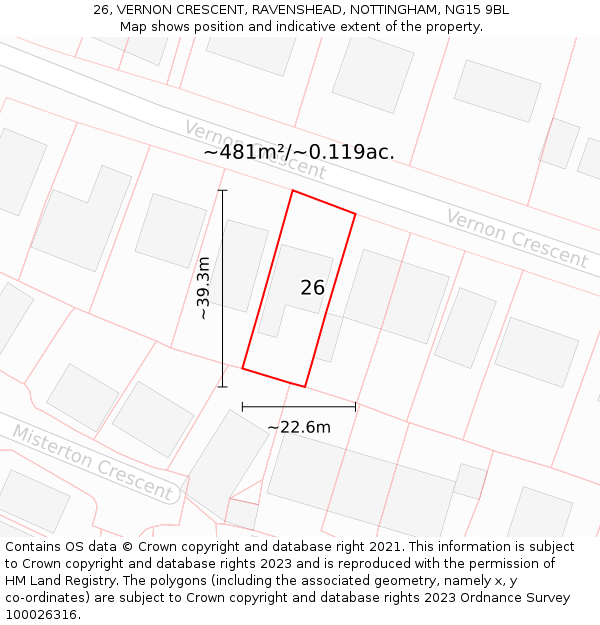 26, VERNON CRESCENT, RAVENSHEAD, NOTTINGHAM, NG15 9BL: Plot and title map