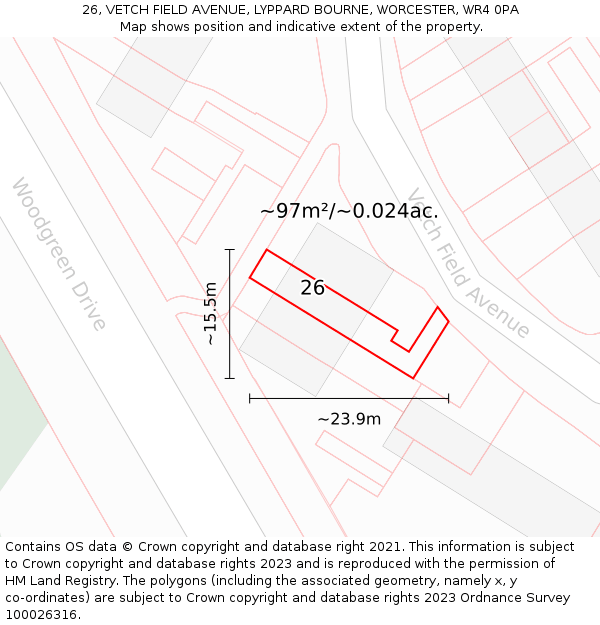 26, VETCH FIELD AVENUE, LYPPARD BOURNE, WORCESTER, WR4 0PA: Plot and title map