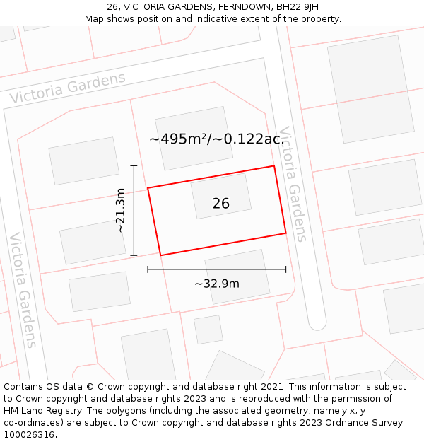 26, VICTORIA GARDENS, FERNDOWN, BH22 9JH: Plot and title map