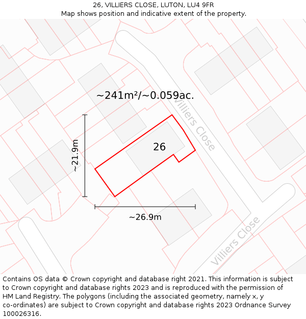 26, VILLIERS CLOSE, LUTON, LU4 9FR: Plot and title map