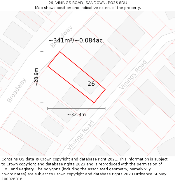 26, VININGS ROAD, SANDOWN, PO36 8DU: Plot and title map