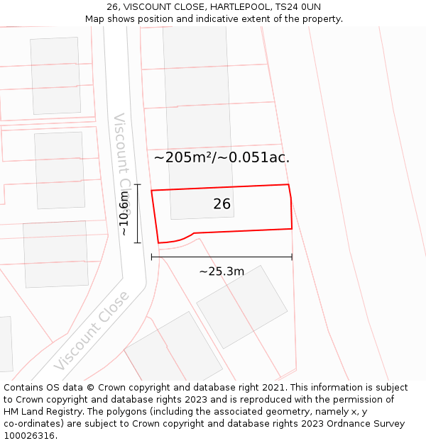 26, VISCOUNT CLOSE, HARTLEPOOL, TS24 0UN: Plot and title map