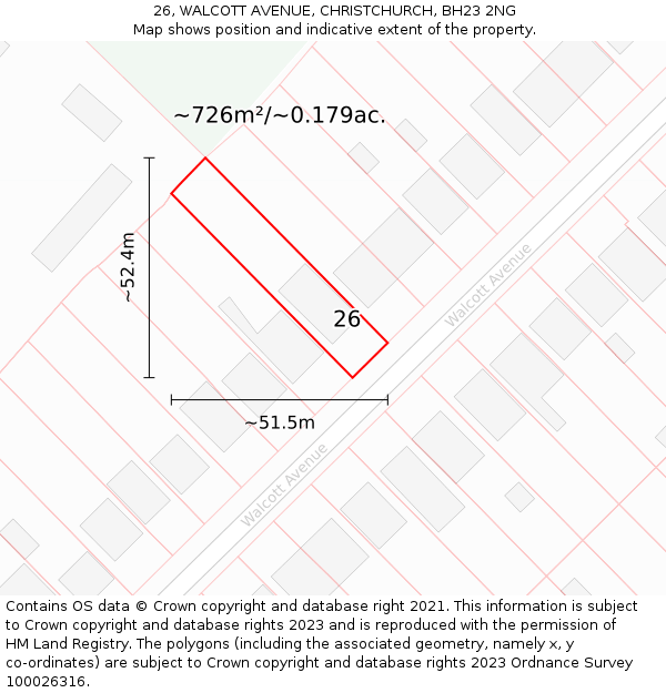 26, WALCOTT AVENUE, CHRISTCHURCH, BH23 2NG: Plot and title map