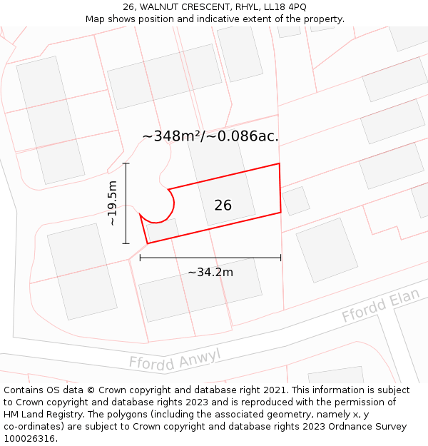 26, WALNUT CRESCENT, RHYL, LL18 4PQ: Plot and title map