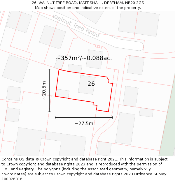 26, WALNUT TREE ROAD, MATTISHALL, DEREHAM, NR20 3GS: Plot and title map